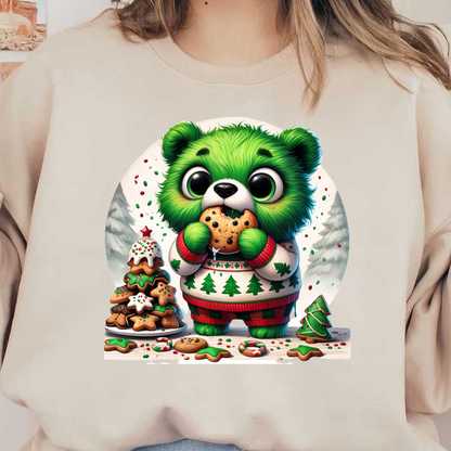 A cute green bear in a festive sweater enjoys a cookie surrounded by decorated Christmas cookies and treats.DTF Transfers dtf transfers