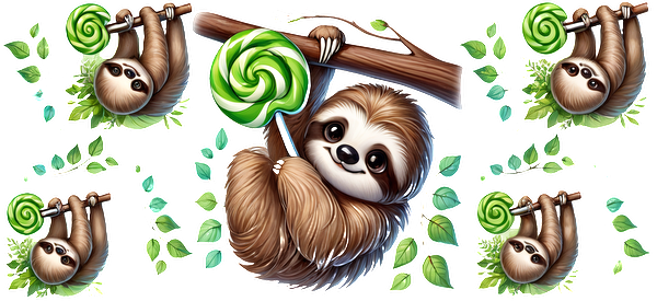 Adorable cartoon sloths hanging from branches, playfully holding green swirl lollipops amidst leaves, creating a whimsical and fun scene.UV Transfersdtf regular iron