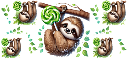 Adorable cartoon sloths hanging from branches, playfully holding green swirl lollipops amidst leaves, creating a whimsical and fun scene.UV Transfersdtf regular iron