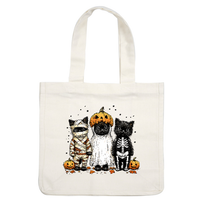 Three adorable black cats dressed in Halloween costumes, featuring a mummy, ghost, and skeleton.DTF Transfers