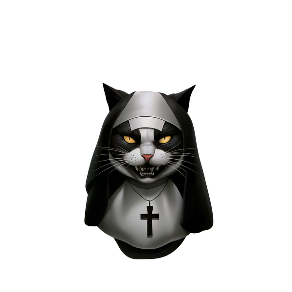 Un siniestro personaje felino vestido de monja, con una combinación de colores blanco y negro y llamativos ojos amarillos.