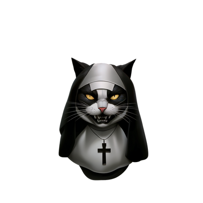 Un siniestro personaje felino vestido de monja, con una combinación de colores blanco y negro y llamativos ojos amarillos.