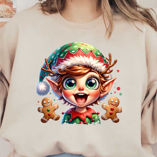 A cheerful elf with big eyes and colorful festive attire, surrounded by gingerbread cookies, exudes joyful holiday spirit.DTF Transfers dtf transfers