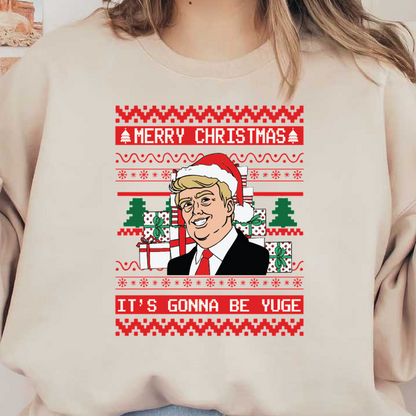 This festive sweater features a cartoon figure in a Santa hat, surrounded by gifts, with a cheerful Christmas message.DTF Transfers heat press transfers