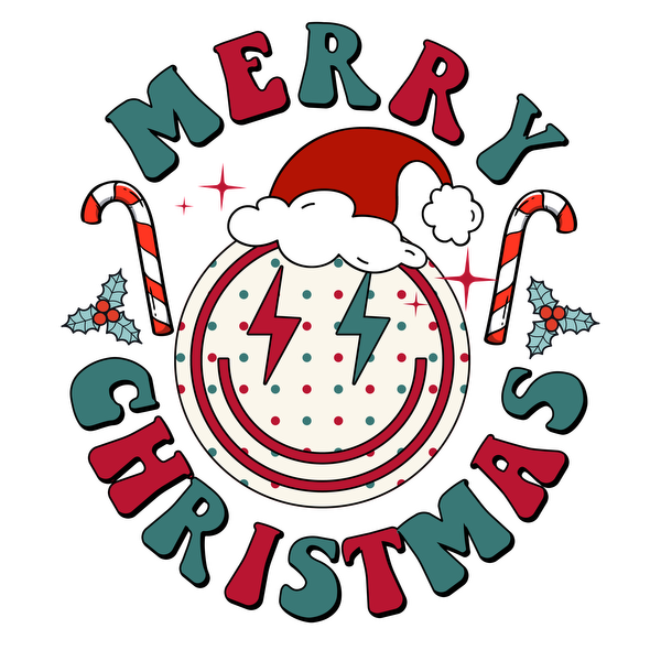 Cheerful "Merry Christmas" graphic featuring a smiling face with a Santa hat, candy canes, and festive colors.dtf regular iron