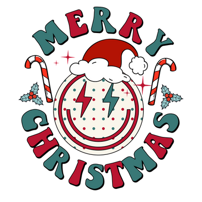 Cheerful "Merry Christmas" graphic featuring a smiling face with a Santa hat, candy canes, and festive colors.dtf regular iron