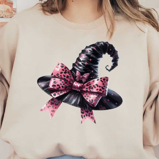 Adorned with a stylish pink and black leopard-print bow, this whimsical witch's hat features an elegant twist and sparkling details.dtf regular iron