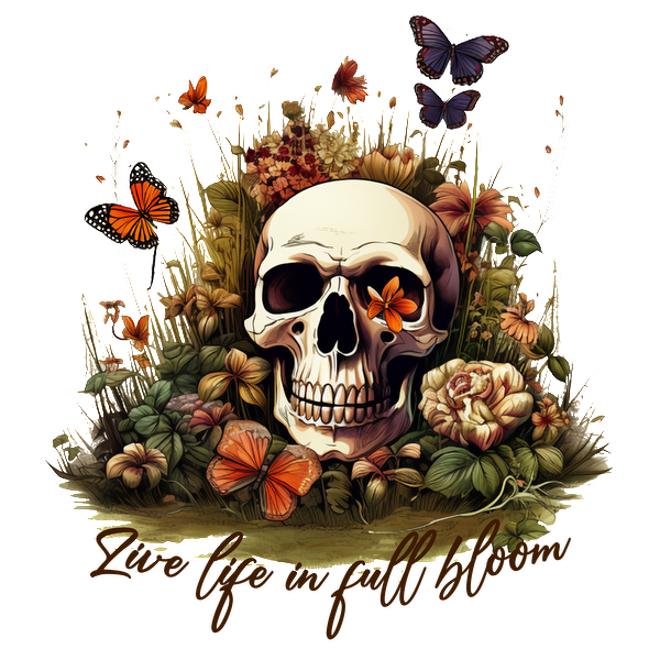 Un diseño bellamente ilustrado que presenta una calavera rodeada de flores y mariposas vibrantes, acompañada de la frase "Vive la vida en plena floración".