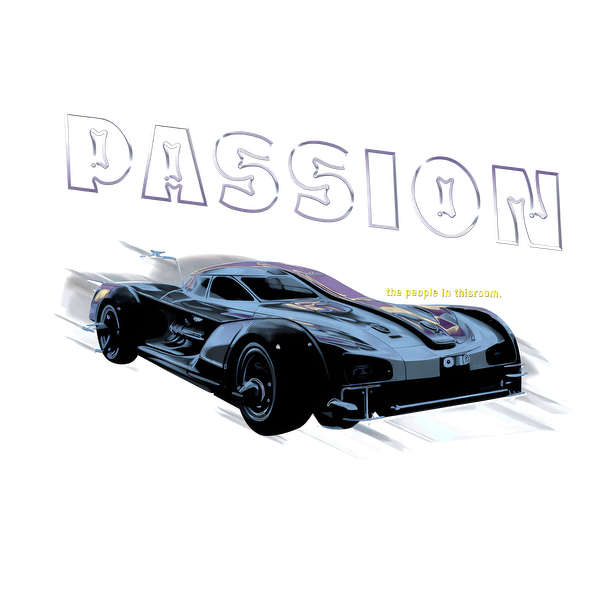 Un elegante diseño de automóvil deportivo negro con gráficos llamativos y la palabra "PASSION" destacada, irradiando una energía dinámica.