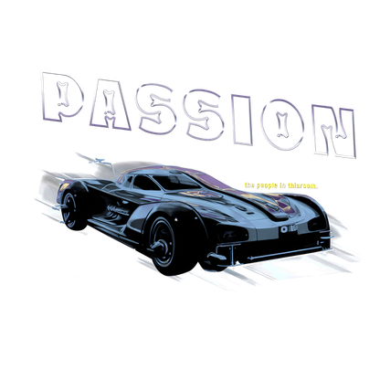 Un elegante diseño de automóvil deportivo negro con gráficos llamativos y la palabra "PASSION" destacada, irradiando una energía dinámica.