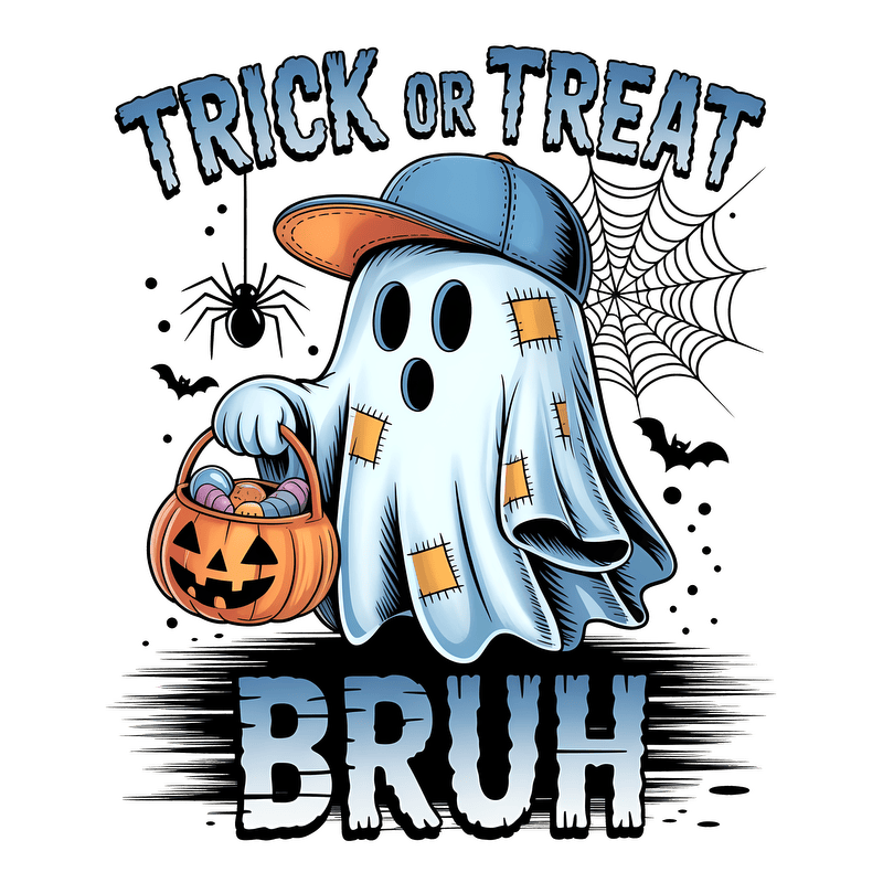 A playful ghost in a baseball cap holds a candy bucket for Halloween.DTF Transfers