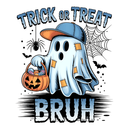 A playful ghost in a baseball cap holds a candy bucket for Halloween.DTF Transfers