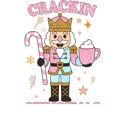 Sparkling nutcracker character holding a candy cane and mug, festive and fun!DTF Transfers