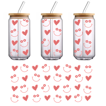 A charming pattern featuring hearts, smiling faces, and floral accents in soft pink tones, perfect for cheerful designs.UV Transfers heat press transfers