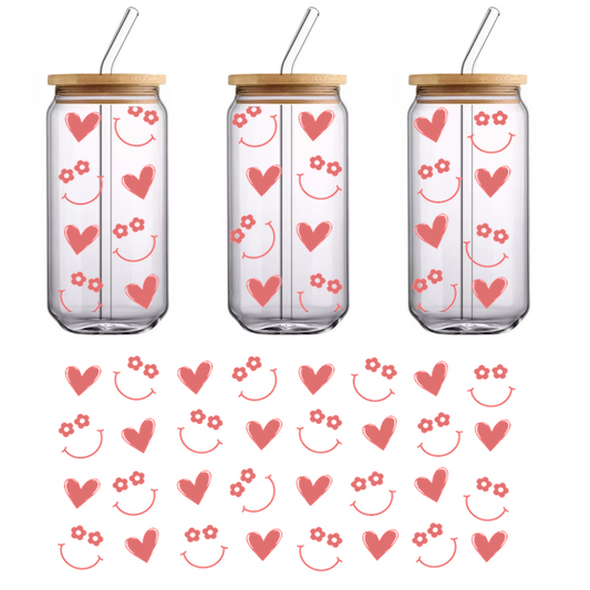 A charming pattern featuring hearts, smiling faces, and floral accents in soft pink tones, perfect for cheerful designs.UV Transfers heat press transfers