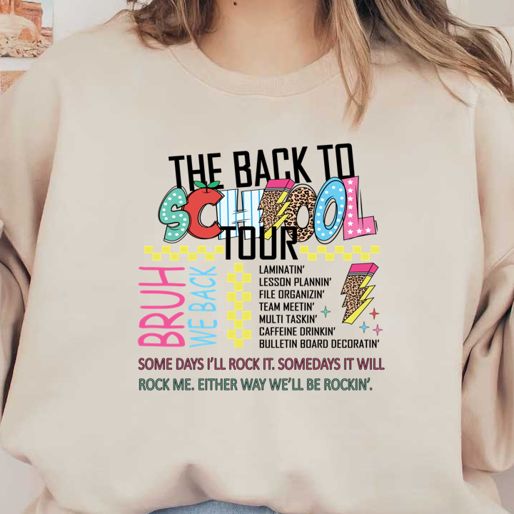 A vibrant graphic design celebrating back-to-school vibes with playful text and colorful patterns, perfect for a spirited school year!DTF Transfers