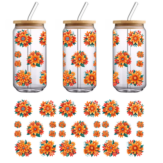 A vibrant collection of orange and yellow floral designs, featuring various sizes and arrangements, perfect for decorative uses.UV Transfers dtf transfers