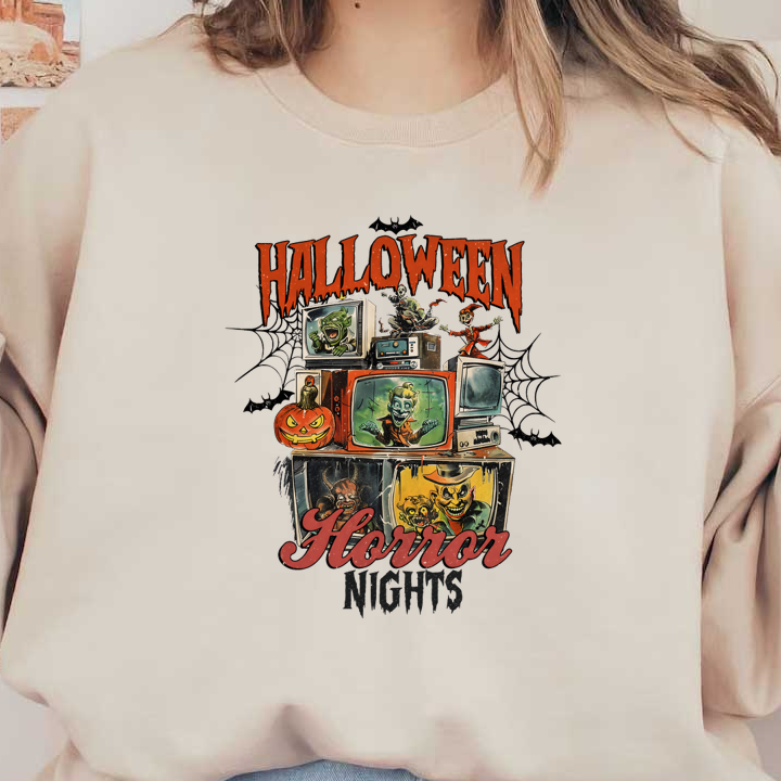 Celebrate Halloween with this spooky design featuring vintage televisions displaying eerie characters and a vibrant pumpkin centerpiece! dtf prints