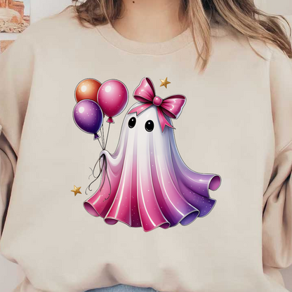 Un lindo fantasma caricaturesco con un lazo rosa y globos coloridos, que presenta un diseño ombré caprichoso en rosa y morado.