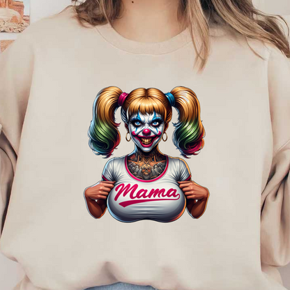 Una mujer payaso colorida y tatuada sonríe mientras viste una camiseta con la palabra "Mamá", mostrando su estilo juguetón y vanguardista.