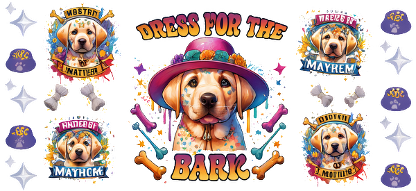 A colorful party-themed design featuring a cheerful dog wearing a vibrant hat, surrounded by playful graphics and text.UV Transfers heat press transfers