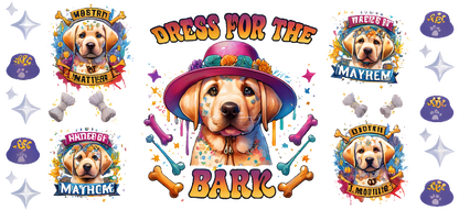 A colorful party-themed design featuring a cheerful dog wearing a vibrant hat, surrounded by playful graphics and text.UV Transfers heat press transfers