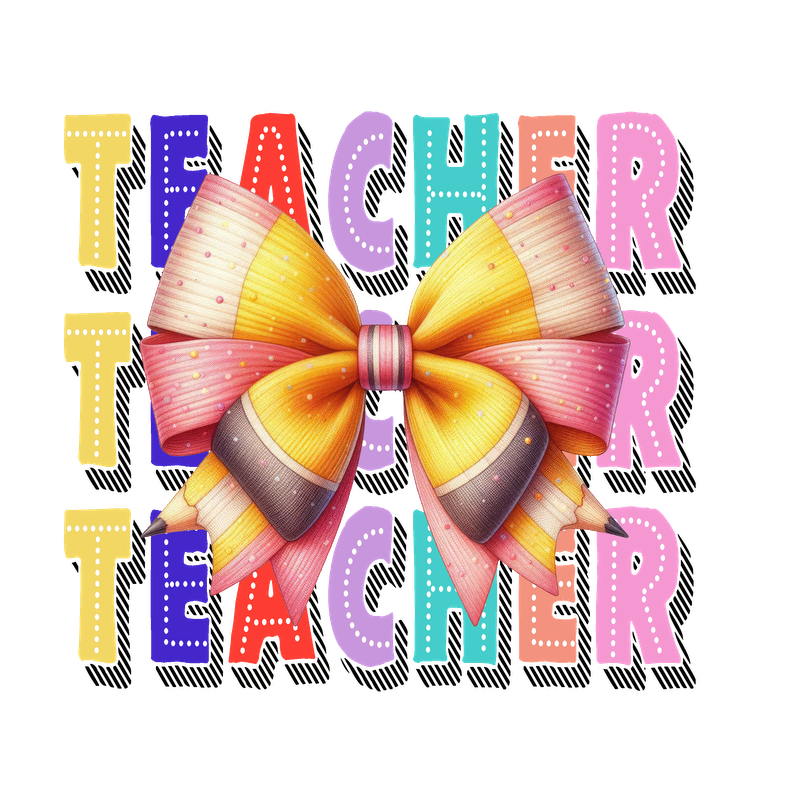 Bright and colorful text reading "TEACHER" surrounded by a beautifully designed bow, perfect for celebrating educators!DTF Transfers