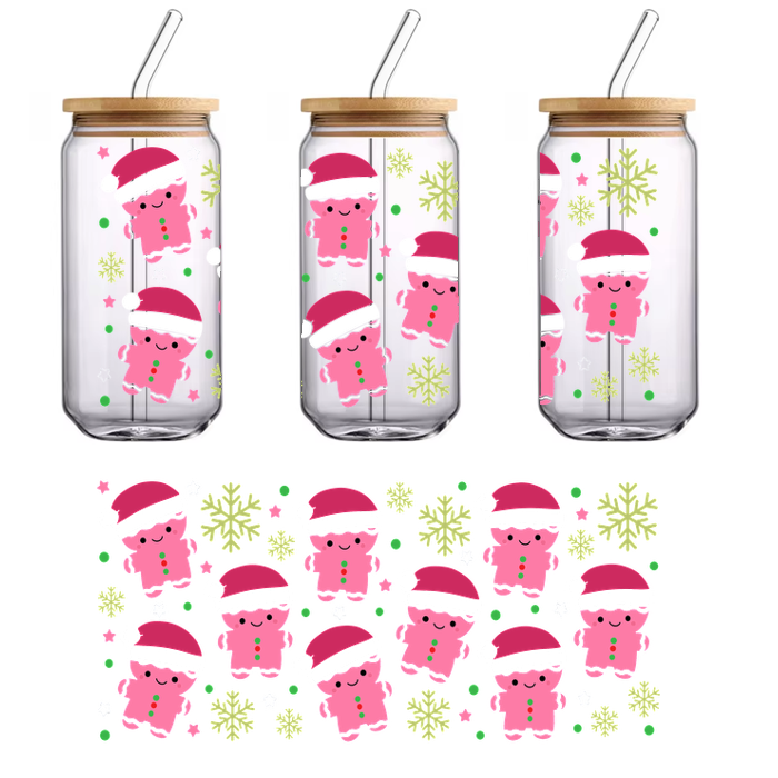 A festive pattern featuring cute pink gingerbread figures wearing Santa hats, surrounded by snowflakes and colorful decorations.UV Transfers heat press transfers