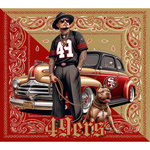 Una elegante figura con una camiseta de los 49ers se encuentra junto a un automóvil clásico, sosteniendo una correa atada a un pitbull.