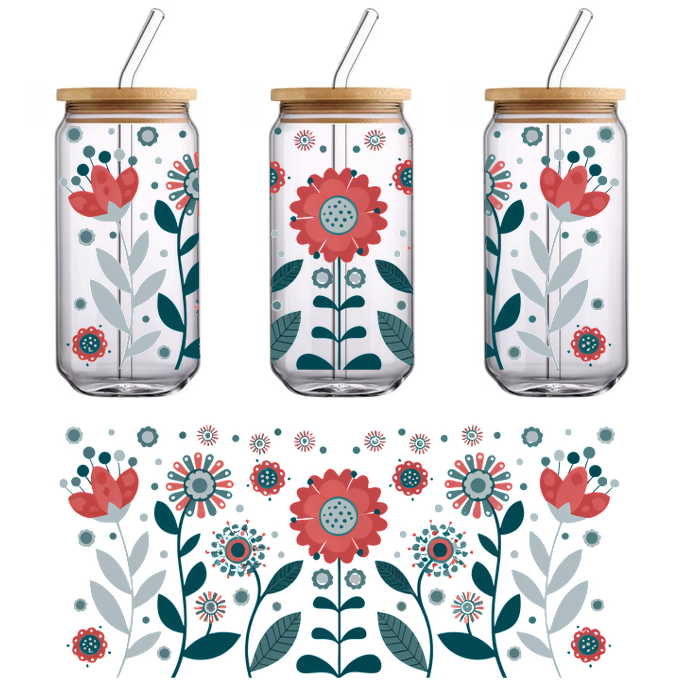 A vibrant floral pattern featuring various flowers in shades of red, teal, and white, surrounded by leafy designs.UV Transfers heat press transfers