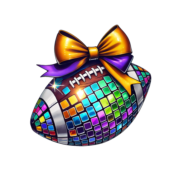 A colorful, disco-themed football adorned with a shiny purple and orange bow, perfect for festive celebrations.dtf regular iron