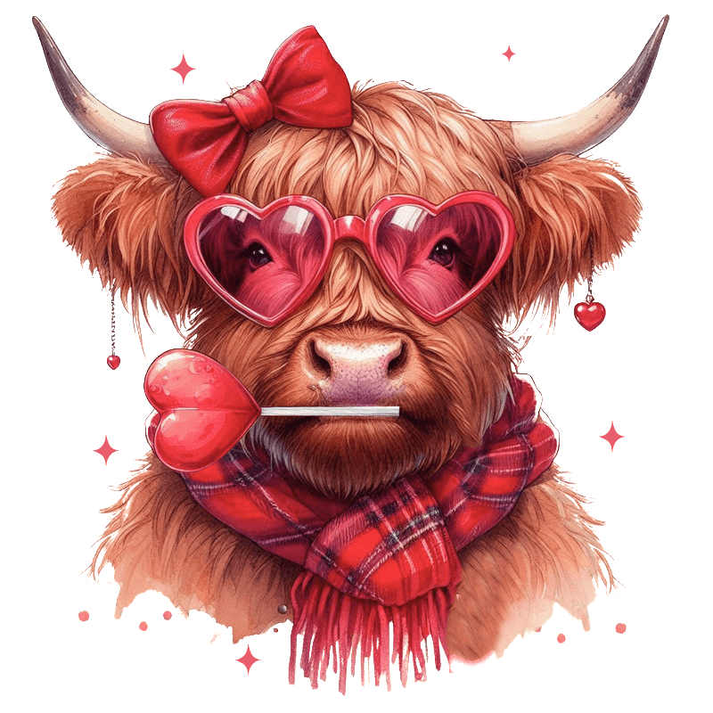 A playful Highland cow wearing heart-shaped sunglasses, a red bow, and a plaid scarf holds a love arrow, exuding charm.DTF Transfers