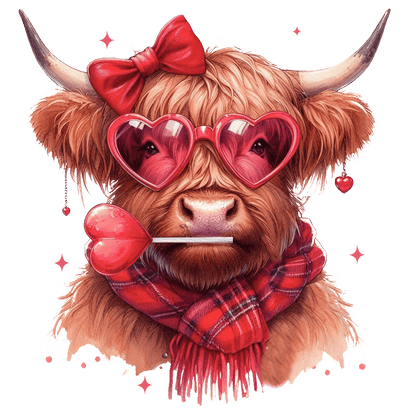 A playful Highland cow wearing heart-shaped sunglasses, a red bow, and a plaid scarf holds a love arrow, exuding charm.DTF Transfers