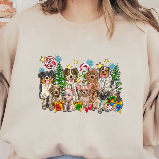 A cheerful illustration of various adorable dogs surrounded by Christmas decorations, including trees, candy canes, and colorful gifts.DTF Transfersdtf regular iron heat press transfers