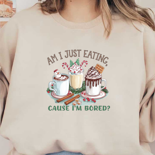 Cozy winter illustration featuring three festive mugs of hot chocolate, decorated with a playful quote about boredom and indulgence. heat press transfers