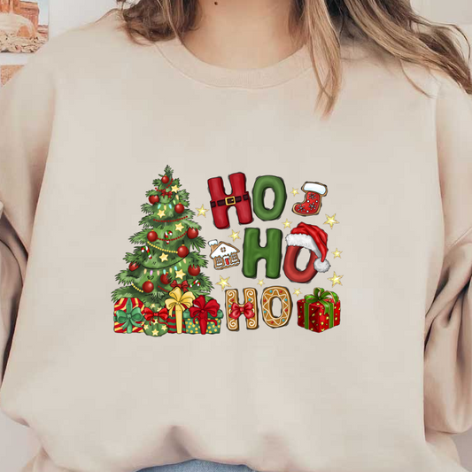 A festive illustration featuring a decorated Christmas tree, colorful gifts, and playful "HO HO HO" letters with holiday accents.DTF Transfers dtf prints