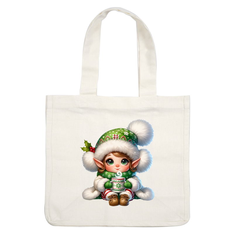 A cheerful elf in a festive green hat and scarf enjoys a warm drink, embodying the holiday spirit.DTF Transfers heat press transfers