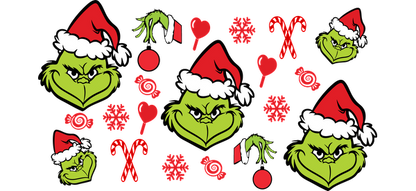 A vibrant, festive pattern featuring the Grinch in a Santa hat among Christmas ornaments, candy canes, and snowflakes.UV Transfersdtf regular iron