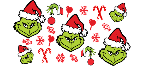 A festive design featuring the Grinch in Santa hats, surrounded by Christmas elements like candy canes, ornaments, and snowflakes.UV Transfersdtf regular iron