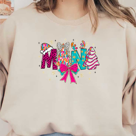 A vibrant and festive design featuring colorful letters, bows, and Christmas trees, perfect for holiday-themed decorations!DTF Transfers dtf prints