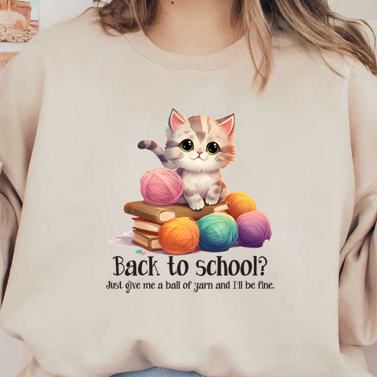 Un lindo gatito de dibujos animados se sienta sobre bolas de hilo y libros de colores, sugiriendo juguetonamente que prefiere el hilo a la escuela.