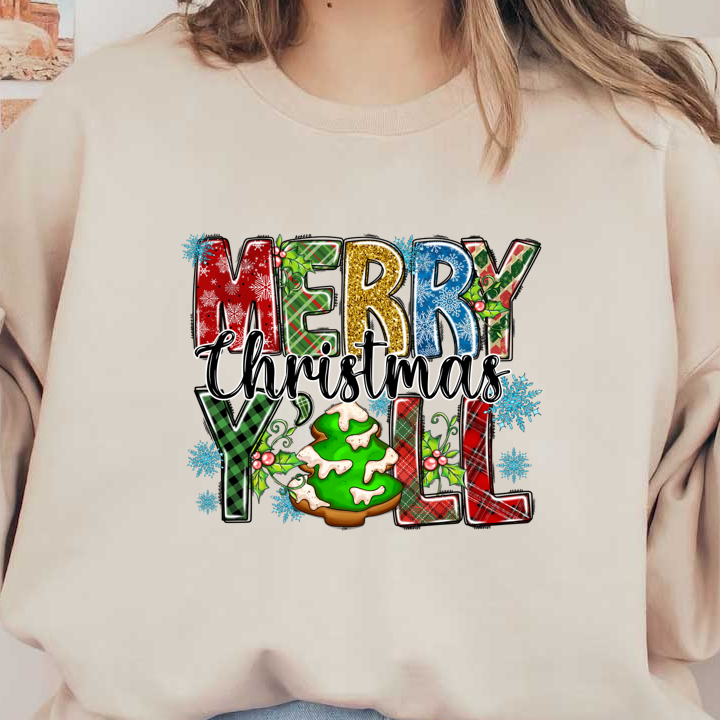 Celebrate the season with this festive "Merry Christmas Y’all" design featuring colorful letters and a delightful decorated Christmas tree.DTF Transfers dtf prints