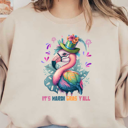 This vibrant Mardi Gras-themed design features a colorful flamingo wearing a festive hat, surrounded by tropical leaves and playful text.DTF Transfers