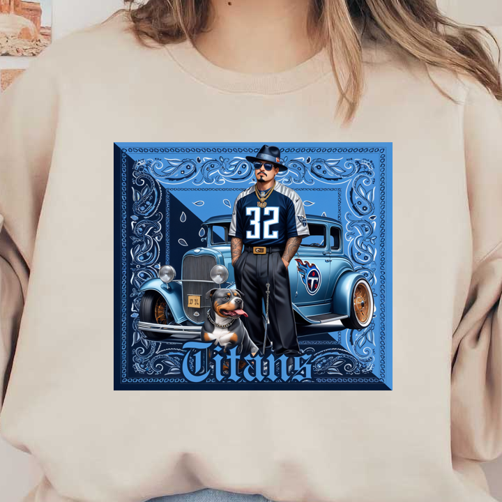 Una elegante ilustración que presenta a un hombre con una camiseta de los Tennessee Titans, acompañado de un perro y con un automóvil azul clásico de fondo.