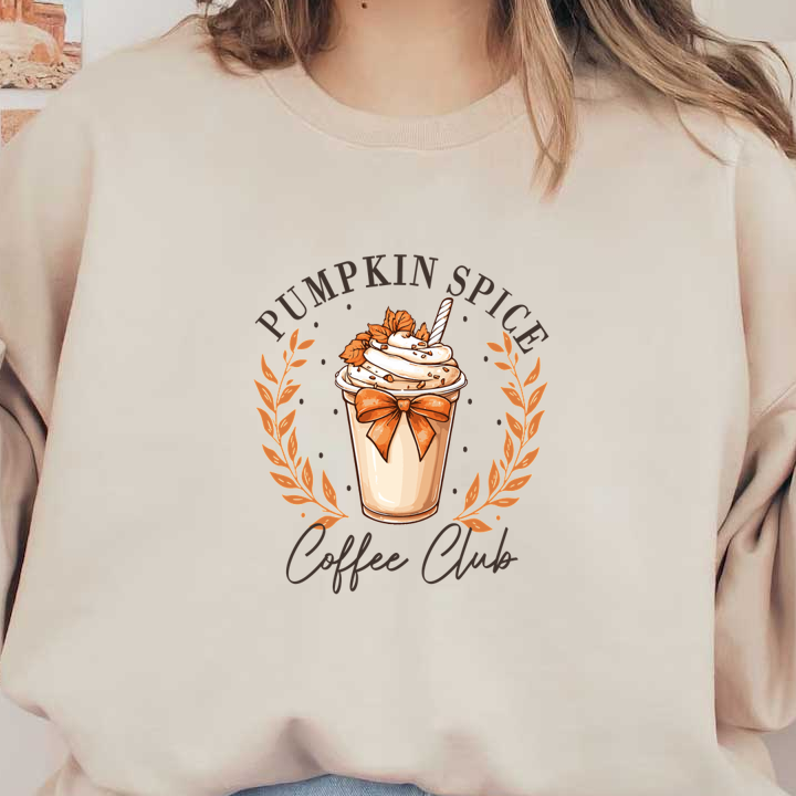 A charming illustration of a pumpkin spice latte, adorned with whipped cream and autumn leaves, celebrating the Coffee Club. dtf transfers