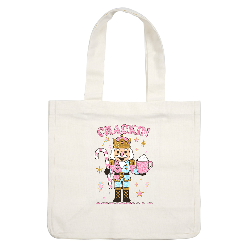 Sparkling nutcracker character holding a candy cane and mug, festive and fun!DTF Transfers