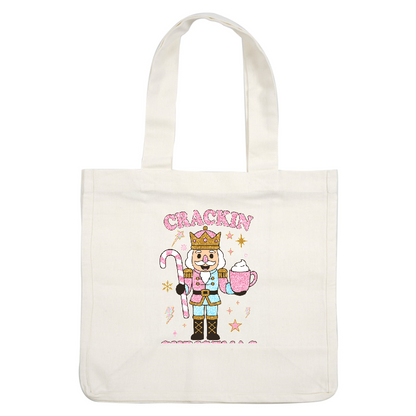 Sparkling nutcracker character holding a candy cane and mug, festive and fun!DTF Transfers