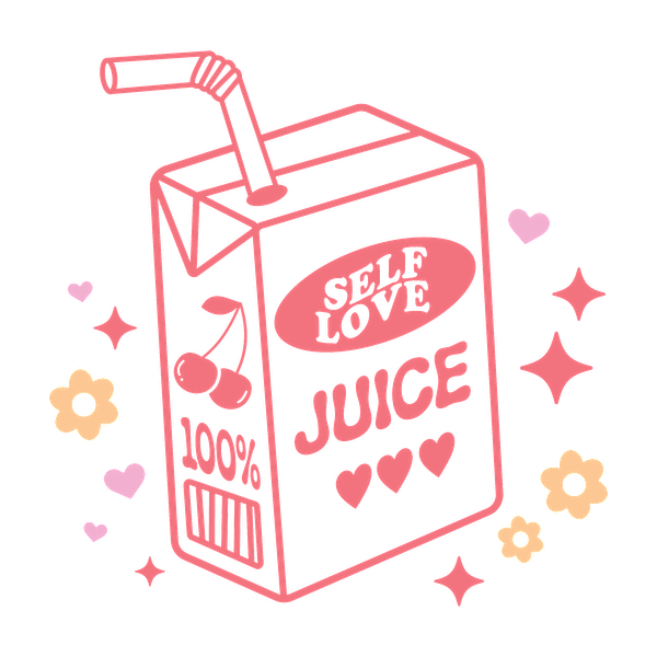 Un diseño de cartón de jugo divertido que presenta "Self Love Juice" con lindos detalles de cereza y un fondo colorido y caprichoso.