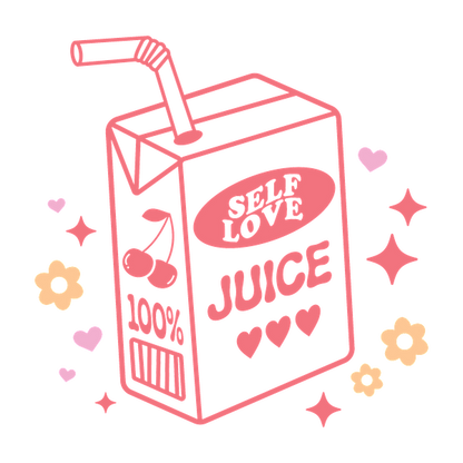 Un diseño de cartón de jugo divertido que presenta "Self Love Juice" con lindos detalles de cereza y un fondo colorido y caprichoso.