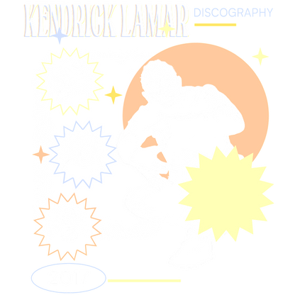 A vibrant graphic tribute to Kendrick Lamar's discography, featuring his images and playful bursts of color, dated 2017.DTF Transfers heat press transfers